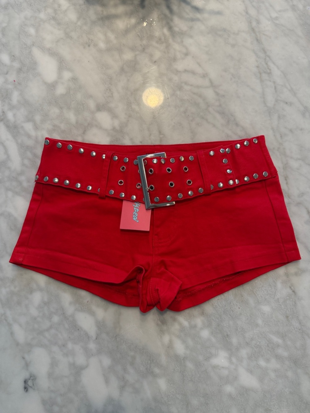 Edikted Red Studded low rise Shorts with Belt